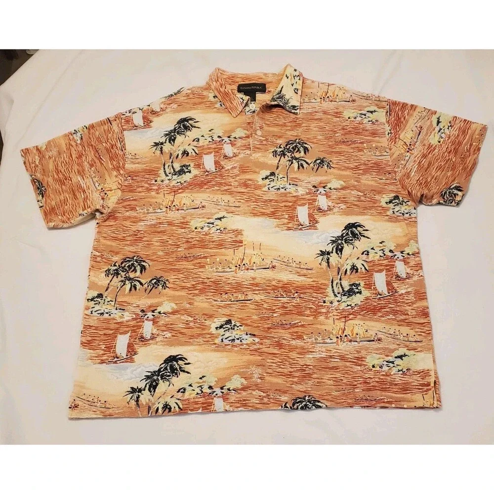 Banana Republic Mens Sz XL Tropical Print Summer Polo Shirt Resort Travel Beach